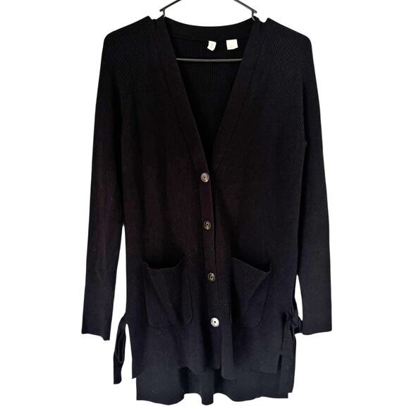 Anthropologie Moth Anna Ribbed Button Front Side Tie Cardigan Sweater Black XS - Picture 3 of 8